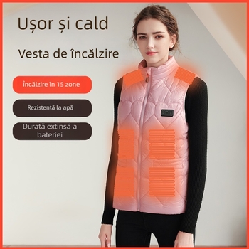 Vesta încălzită cu USB, căptușită din poliester, guler înalt, fermoar frontal, fără glugă