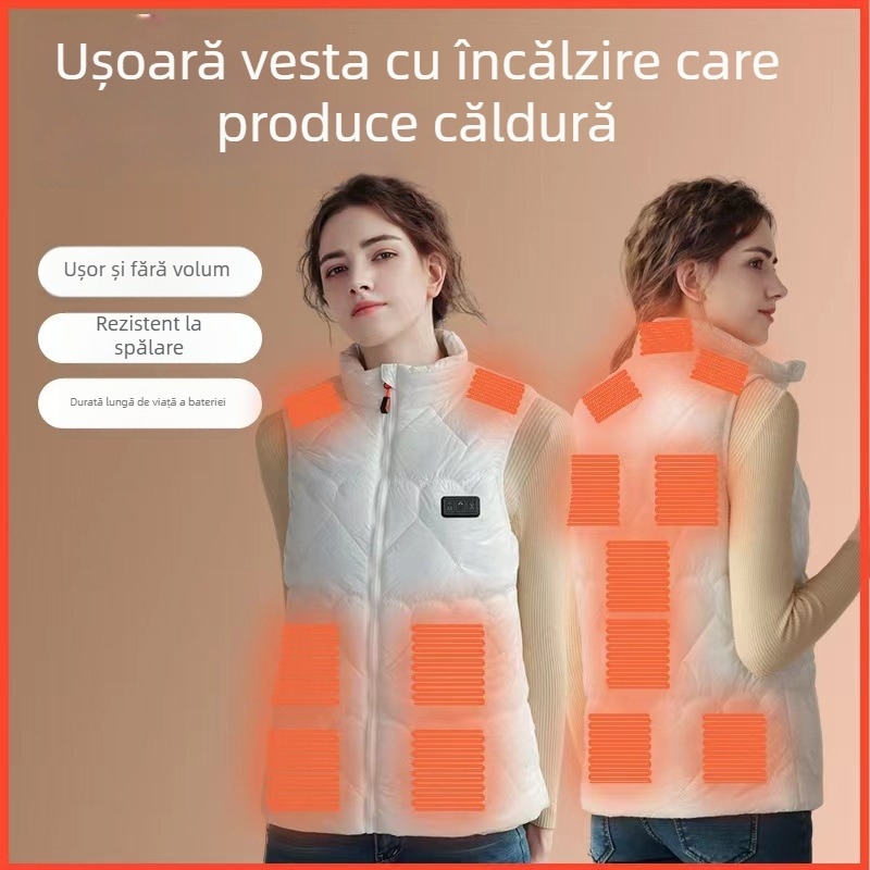 Vesta încălzită cu USB, căptușită din poliester, guler înalt, fermoar frontal, fără glugă