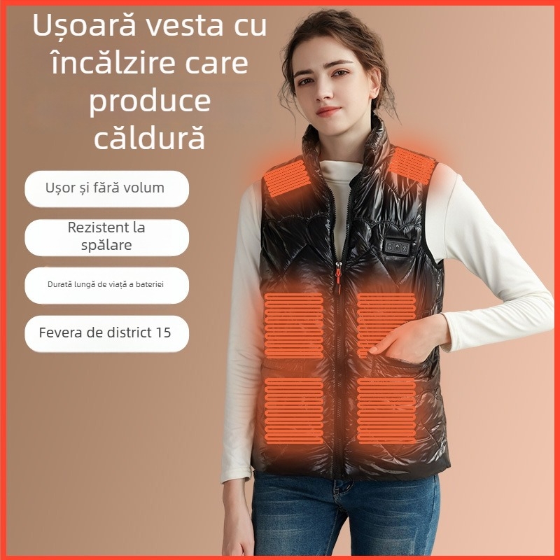 Vesta încălzită cu USB, căptușită din poliester, guler înalt, fermoar frontal, fără glugă