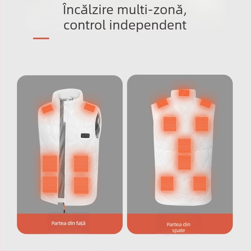 Vesta încălzită cu USB, căptușită din poliester, guler înalt, fermoar frontal, fără glugă