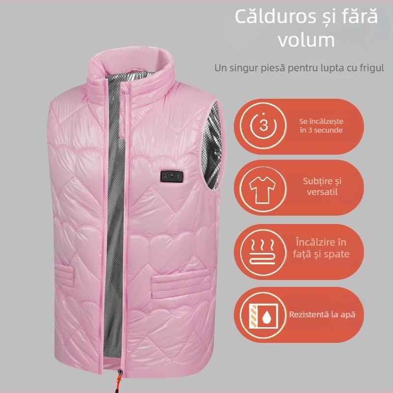 Vesta încălzită cu USB, căptușită din poliester, guler înalt, fermoar frontal, fără glugă