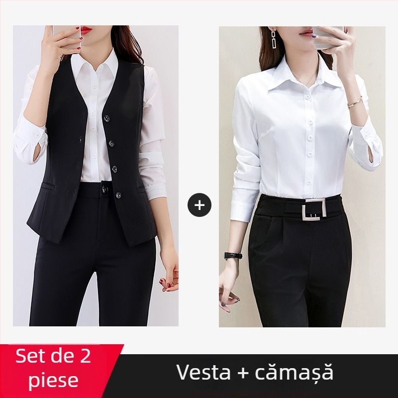 Vesta cu decolteu în V, croială slim, pentru birou, poliester, stil coreean