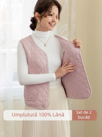 Vesta termică pentru femei, din lână, căptușită cu fleece, lungime ultra scurtă, guler în V, culoare solidă, toamnă 2024