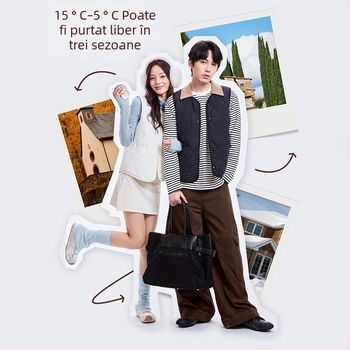 Vestă-cardigan cu model geometric, material principal 95% nylon, umplutură din lână de oaie, guler rotund, croială lejeră