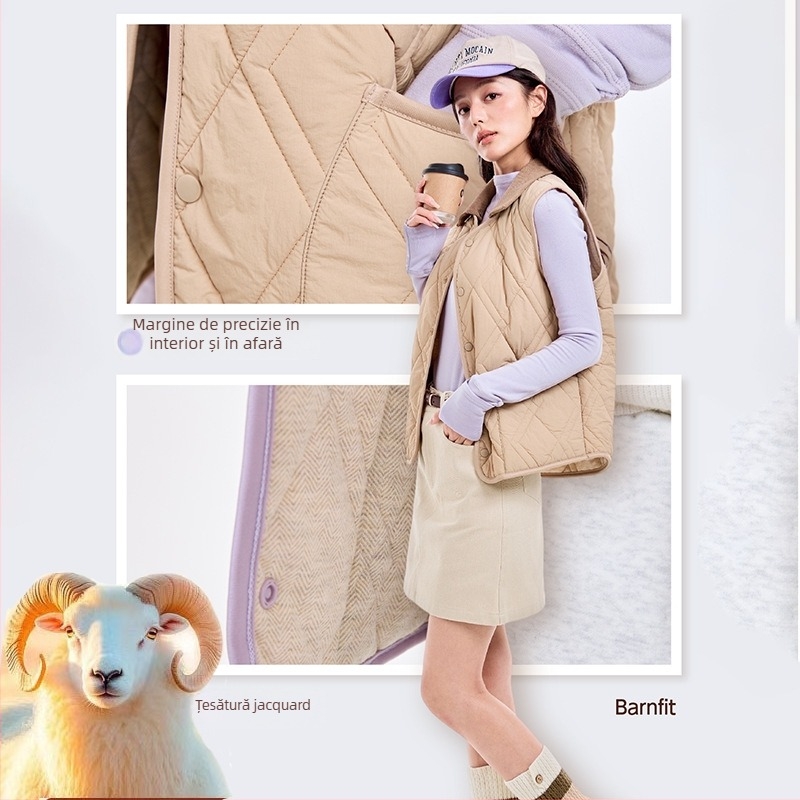 Vestă-cardigan cu model geometric, material principal 95% nylon, umplutură din lână de oaie, guler rotund, croială lejeră