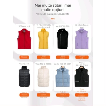 Vesta căptușită cu fleece, imprimare logo, pentru echipament de lucru de iarnă (fermoar frontal, fără glugă, croială lejeră)