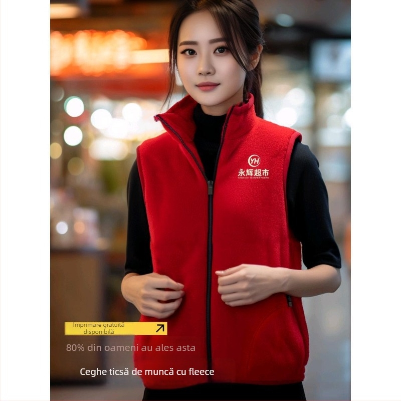 Vesta căptușită cu fleece, imprimare logo, pentru echipament de lucru de iarnă (fermoar frontal, fără glugă, croială lejeră)