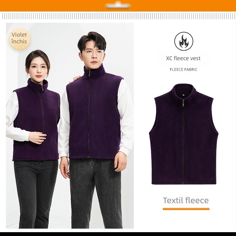 Vesta căptușită cu fleece, imprimare logo, pentru echipament de lucru de iarnă (fermoar frontal, fără glugă, croială lejeră)