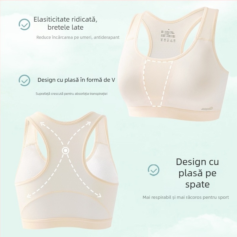 Sutien sport pentru fete, cupe pline, burete modelat subțire, nylon, căptușeală viscoză 90–95%, respirabil, absorbant de transpirație