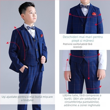 Costum copii în carouri, set trei piese, guler în V, închidere cu nasturi, stil coreean formal pentru băieți, poliester