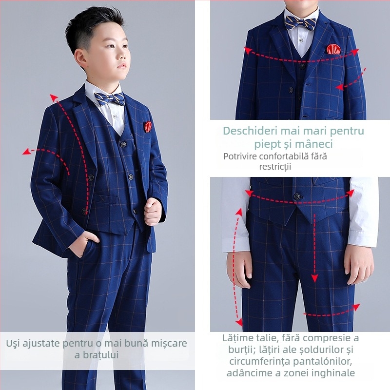 Costum copii în carouri, set trei piese, guler în V, închidere cu nasturi, stil coreean formal pentru băieți, poliester
