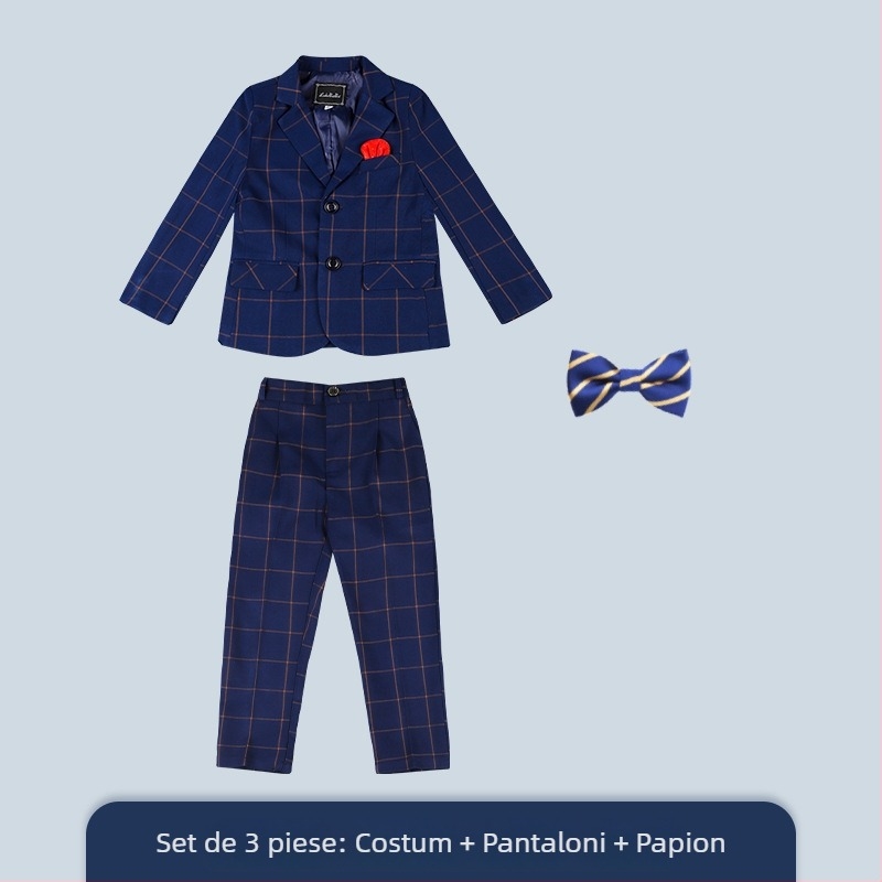 Costum copii în carouri, set trei piese, guler în V, închidere cu nasturi, stil coreean formal pentru băieți, poliester
