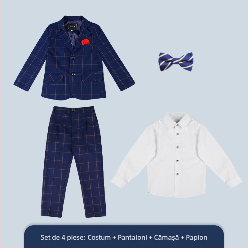 Costum copii în carouri, set trei piese, guler în V, închidere cu nasturi, stil coreean formal pentru băieți, poliester