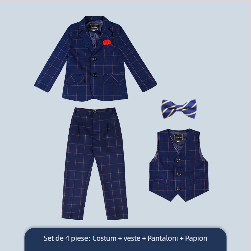 Costum copii în carouri, set trei piese, guler în V, închidere cu nasturi, stil coreean formal pentru băieți, poliester