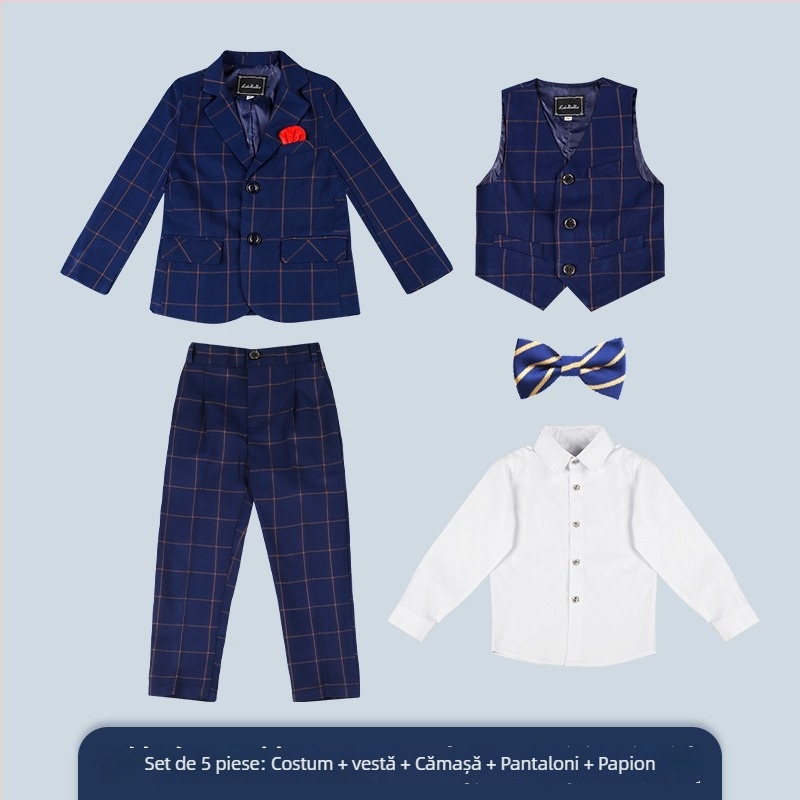 Costum copii în carouri, set trei piese, guler în V, închidere cu nasturi, stil coreean formal pentru băieți, poliester