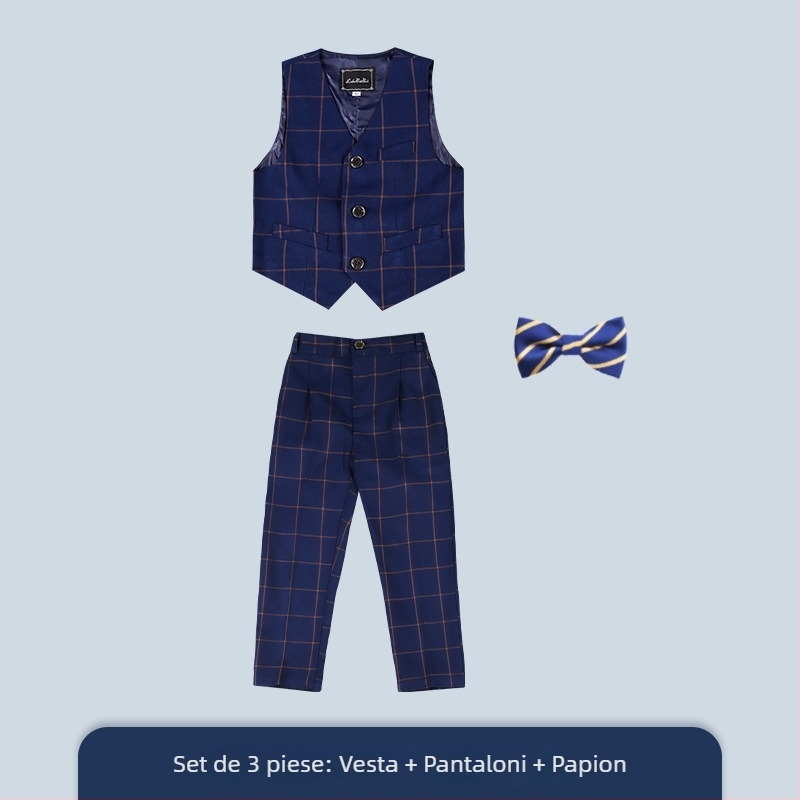 Costum copii în carouri, set trei piese, guler în V, închidere cu nasturi, stil coreean formal pentru băieți, poliester
