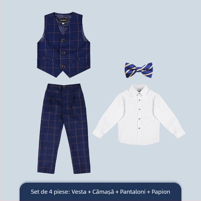 Costum copii în carouri, set trei piese, guler în V, închidere cu nasturi, stil coreean formal pentru băieți, poliester