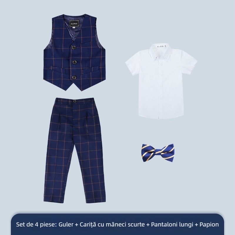 Costum copii în carouri, set trei piese, guler în V, închidere cu nasturi, stil coreean formal pentru băieți, poliester
