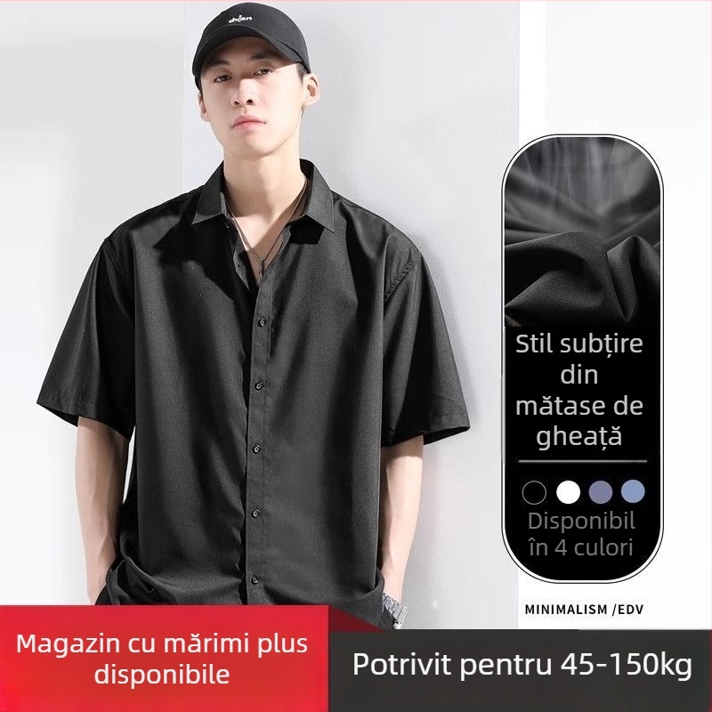 Cămașă bărbați cu mânecă scurtă, croială lejeră, guler rever, uni, amestec poliester ≥96%, detaliu buzunar, vară 2024