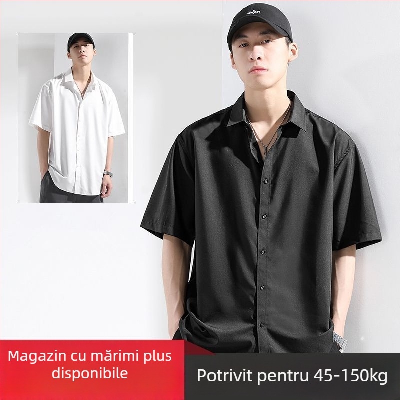Cămașă bărbați cu mânecă scurtă, croială lejeră, guler rever, uni, amestec poliester ≥96%, detaliu buzunar, vară 2024