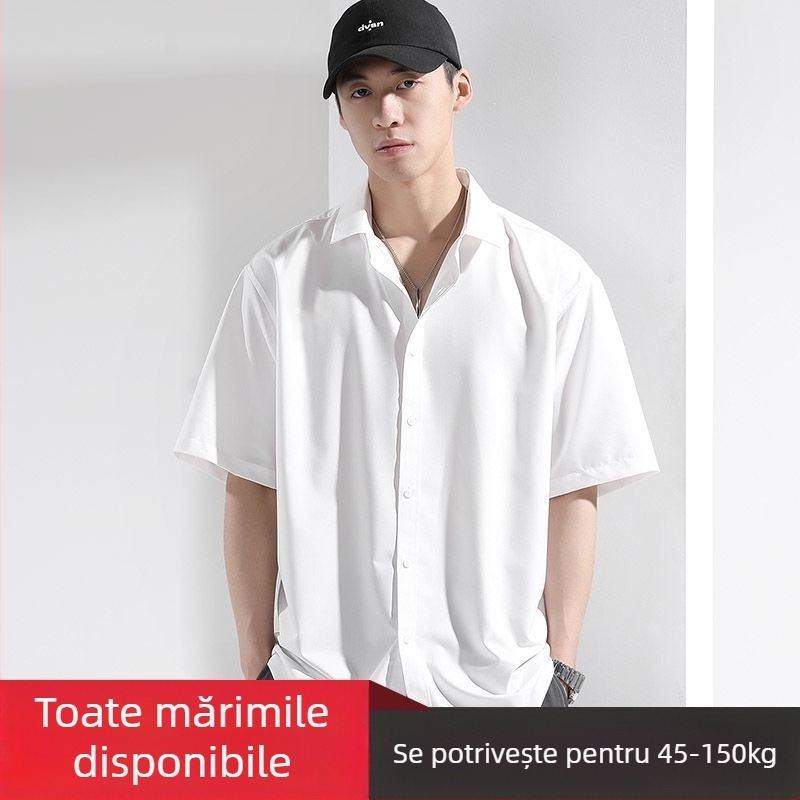 Cămașă bărbați cu mânecă scurtă, croială lejeră, guler rever, uni, amestec poliester ≥96%, detaliu buzunar, vară 2024