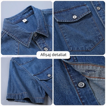 Cămașă pentru bărbați, stil denim, croială Slim-fit, mânecă scurtă, guler cu rever, 100% bumbac