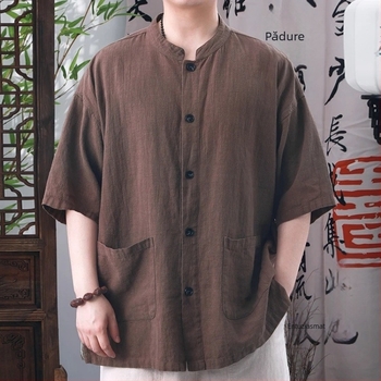 Cămașă pentru bărbați din cânepă, mâneci scurte, guler înalt, croială lejeră