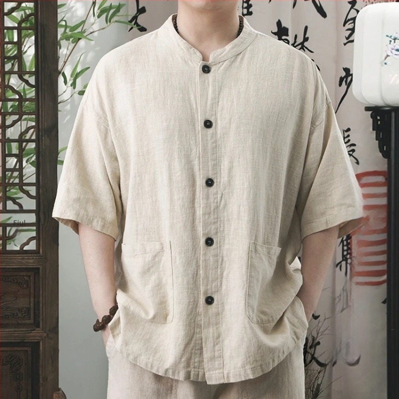 Cămașă pentru bărbați din cânepă, mâneci scurte, guler înalt, croială lejeră
