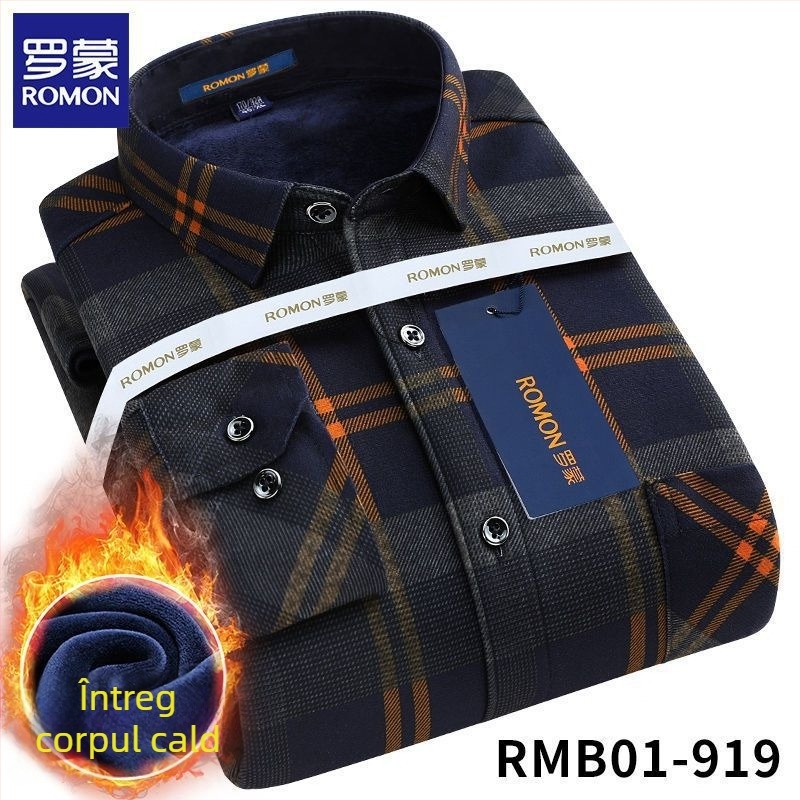 Romon cămașă bărbătească de iarnă, mânecă lungă, model în carouri, croială largă, broderie
