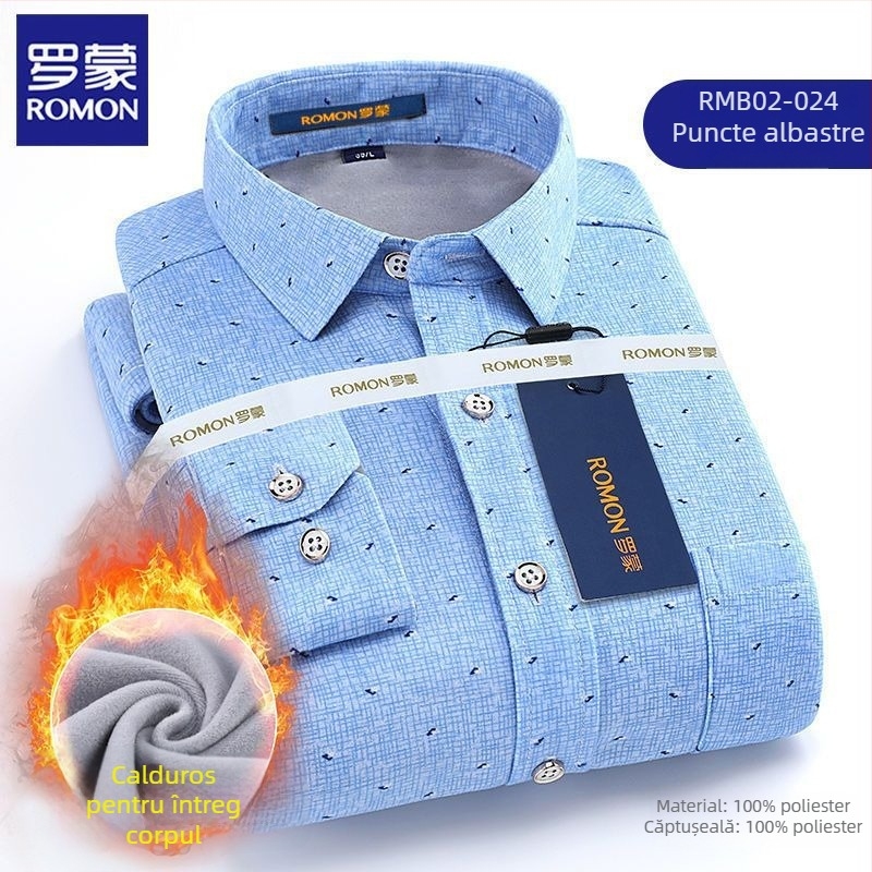 Romon cămașă bărbătească de iarnă, mânecă lungă, model în carouri, croială largă, broderie