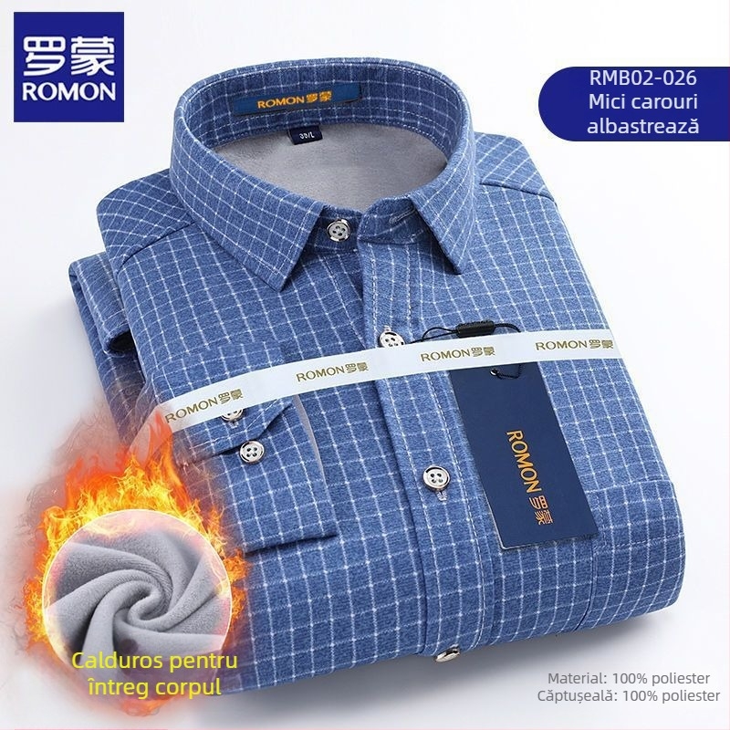 Romon cămașă bărbătească de iarnă, mânecă lungă, model în carouri, croială largă, broderie