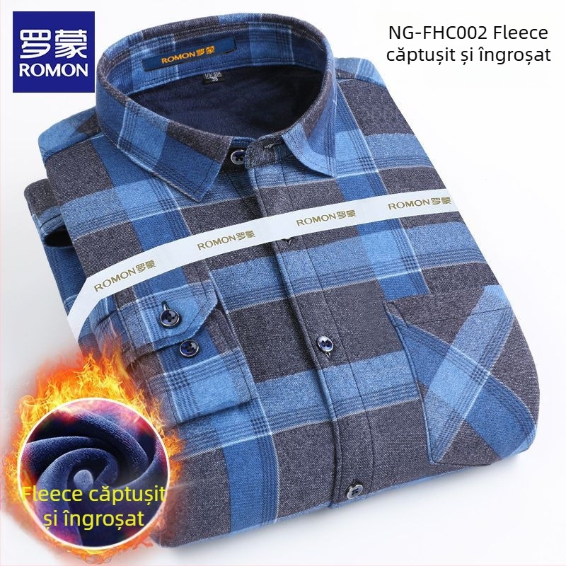 Romon cămașă bărbătească de iarnă, mânecă lungă, model în carouri, croială largă, broderie