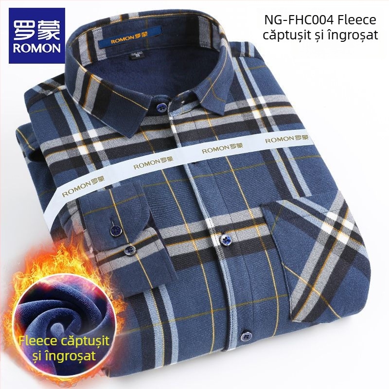 Romon cămașă bărbătească de iarnă, mânecă lungă, model în carouri, croială largă, broderie