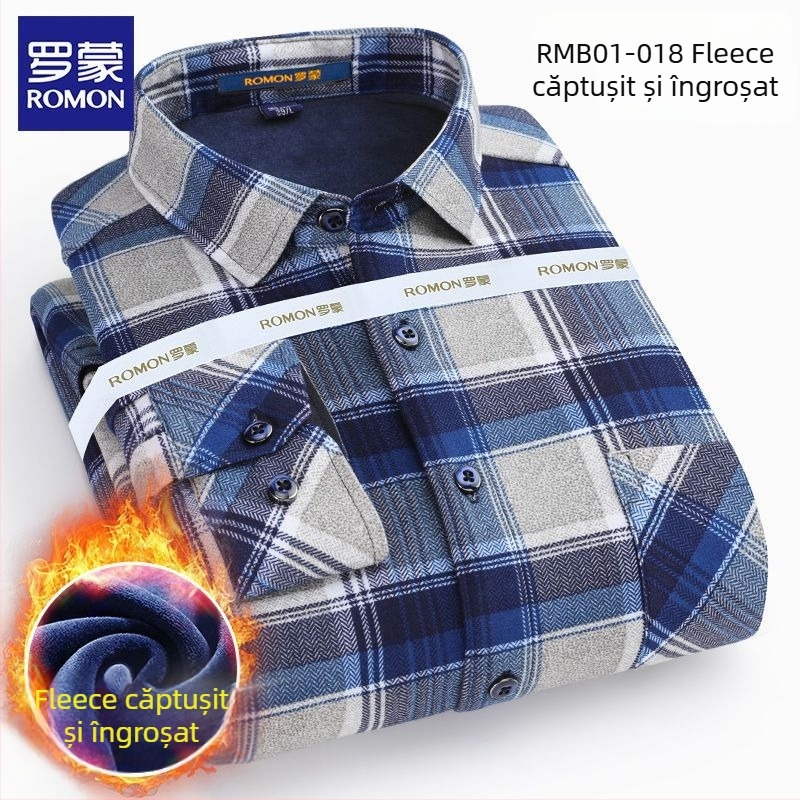 Romon cămașă bărbătească de iarnă, mânecă lungă, model în carouri, croială largă, broderie