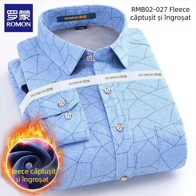 Romon cămașă bărbătească de iarnă, mânecă lungă, model în carouri, croială largă, broderie