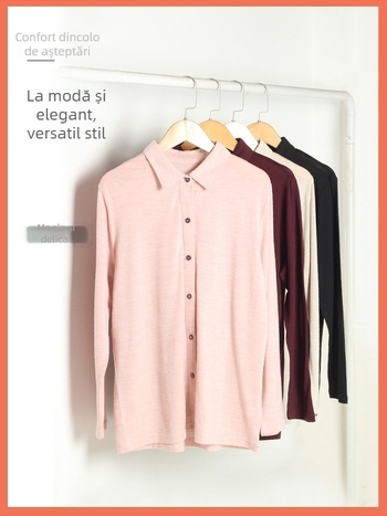 Cămașă din lână 95%+ lână australiană superfină, mâneci lungi, guler rever, croială lejeră, închidere cu nasturi într-un rând