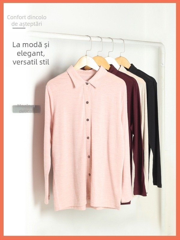 Cămașă din lână 95%+ lână australiană superfină, mâneci lungi, guler rever, croială lejeră, închidere cu nasturi într-un rând