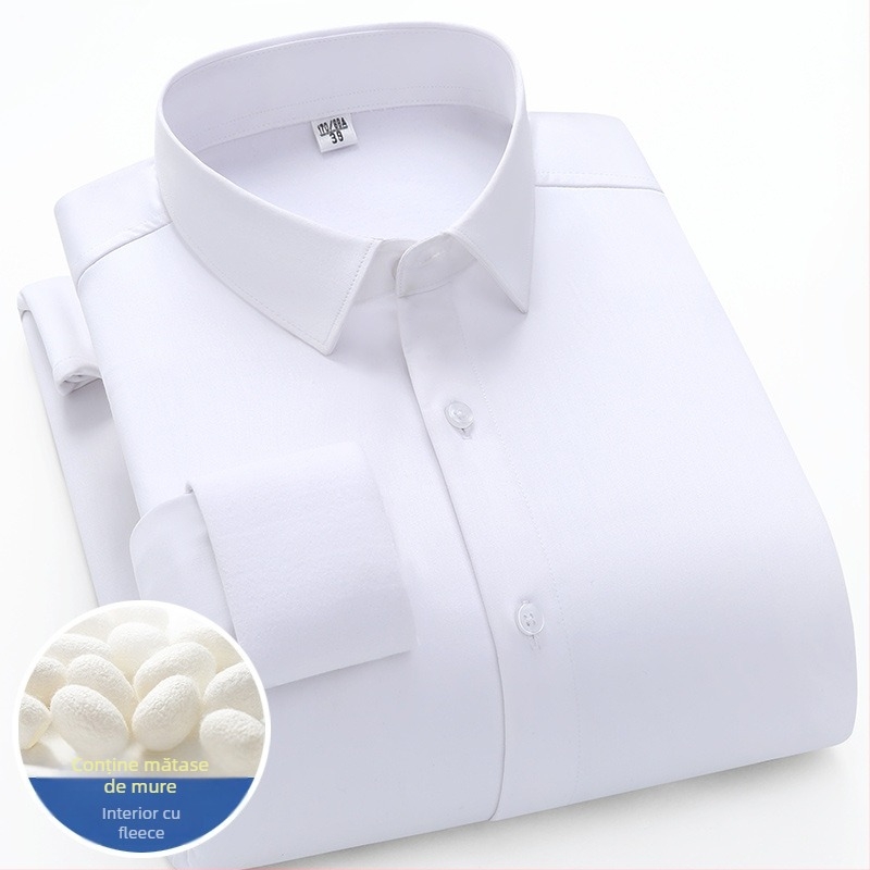 Cămașă bărbați din mătase de dud, căptușită cu fleece, mâneci lungi, guler drept pătrat, grosime mare, pentru iarnă 2024, îmbrăcăminte de afaceri