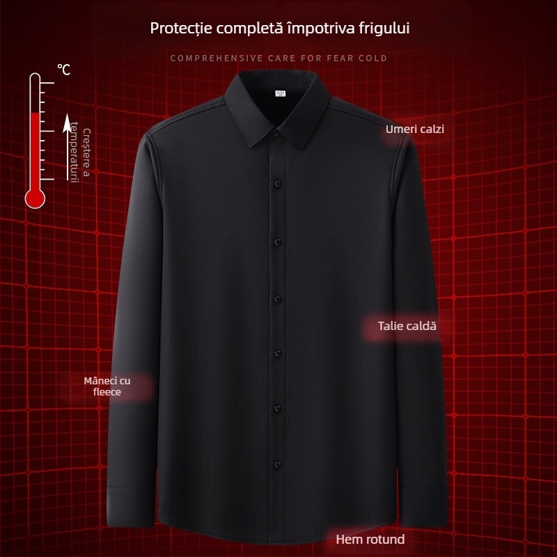 Cămașă bărbați din mătase de dud, căptușită cu fleece, mâneci lungi, guler drept pătrat, grosime mare, pentru iarnă 2024, îmbrăcăminte de afaceri