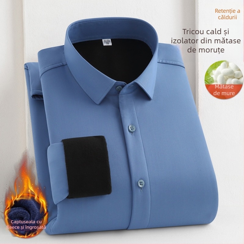 Cămașă bărbați din mătase de dud, căptușită cu fleece, mâneci lungi, guler drept pătrat, grosime mare, pentru iarnă 2024, îmbrăcăminte de afaceri