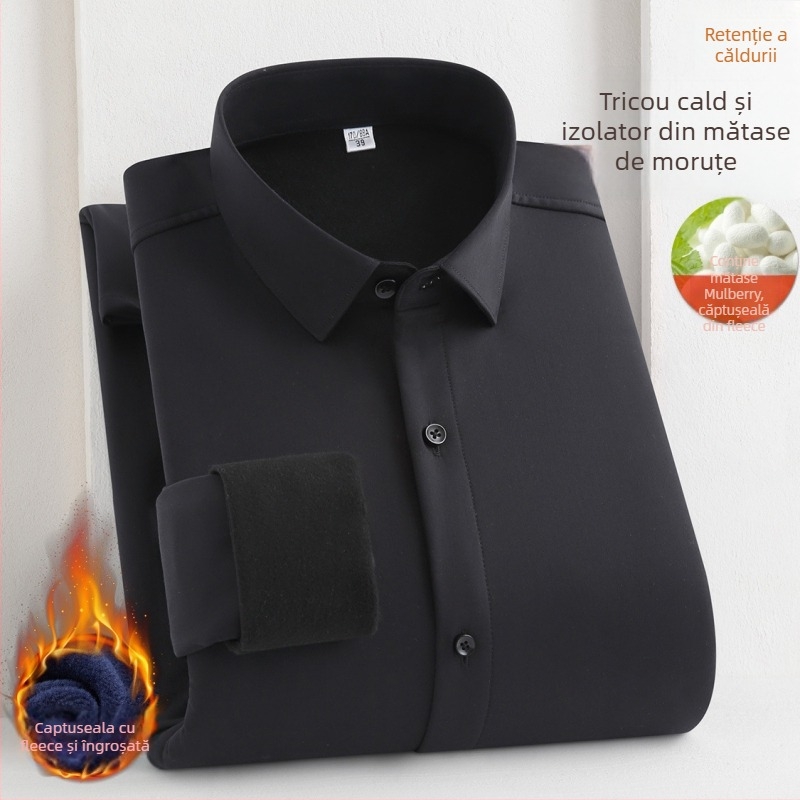 Cămașă bărbați din mătase de dud, căptușită cu fleece, mâneci lungi, guler drept pătrat, grosime mare, pentru iarnă 2024, îmbrăcăminte de afaceri
