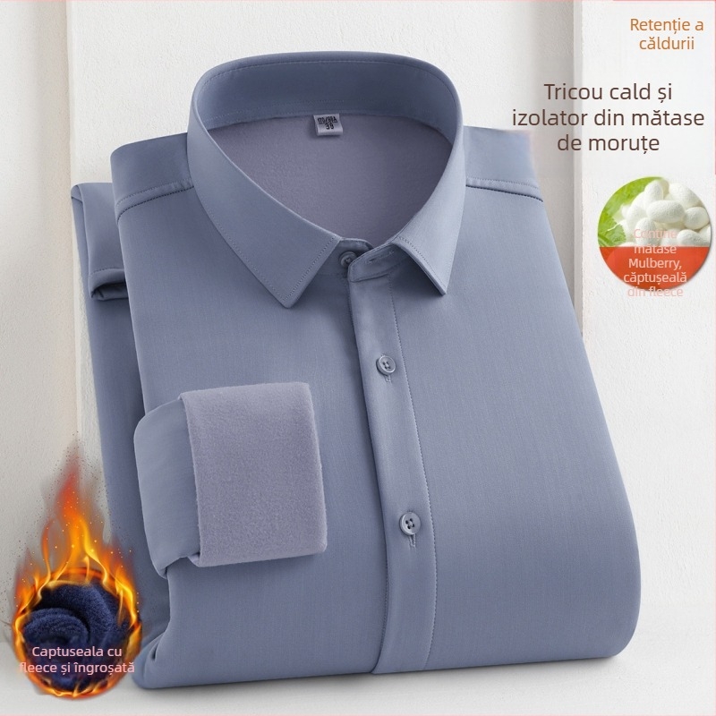 Cămașă bărbați din mătase de dud, căptușită cu fleece, mâneci lungi, guler drept pătrat, grosime mare, pentru iarnă 2024, îmbrăcăminte de afaceri