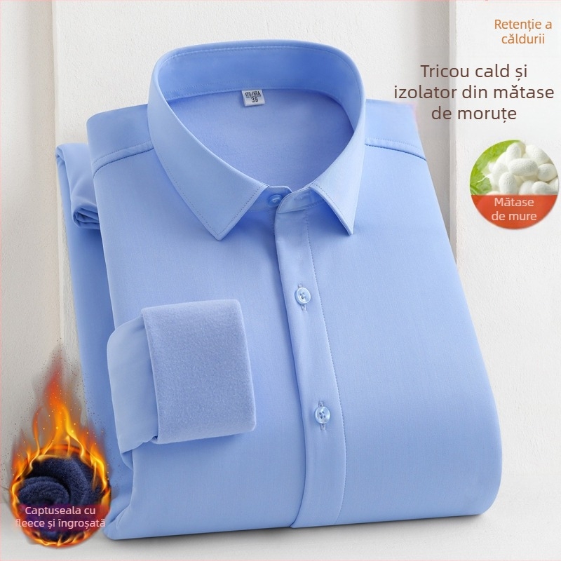 Cămașă bărbați din mătase de dud, căptușită cu fleece, mâneci lungi, guler drept pătrat, grosime mare, pentru iarnă 2024, îmbrăcăminte de afaceri