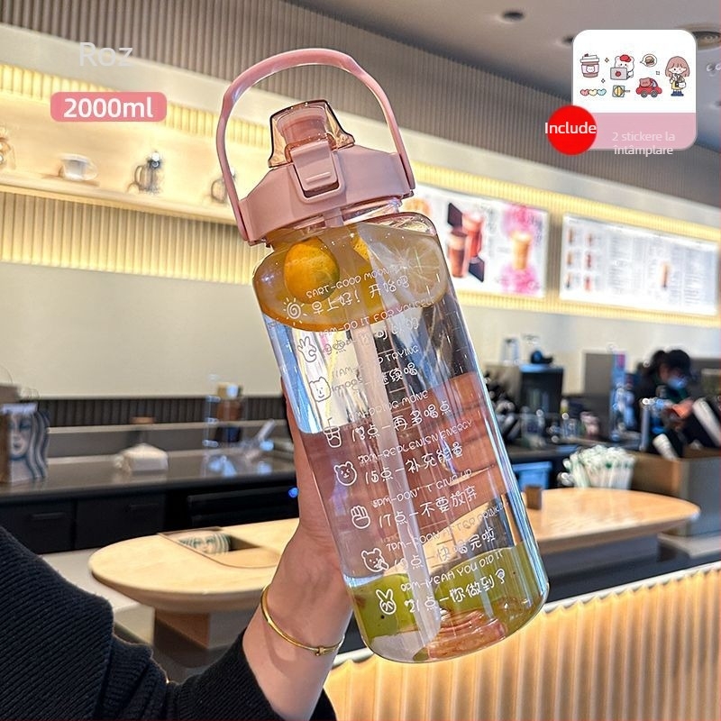 Pahar polikarbonat în stil coreean, cu pai, brand Unique, capacitate mare, portabil, rezistent la căderi și la temperaturi înalte