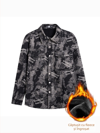 Jachetă denim cu căptușeală fleece și țesătură groasă, guler de cămașă, buzunare patch, 65% bumbac / 35% poliester, stil stradal pentru tineri, iarnă