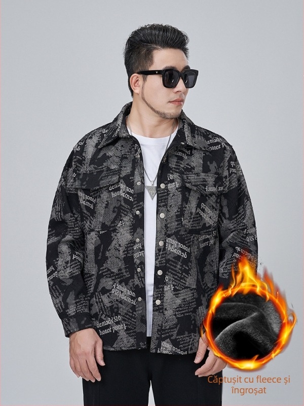 Jachetă denim cu căptușeală fleece și țesătură groasă, guler de cămașă, buzunare patch, 65% bumbac / 35% poliester, stil stradal pentru tineri, iarnă
