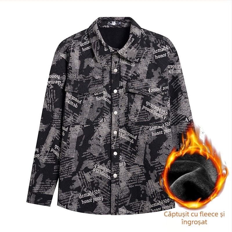 Jachetă denim cu căptușeală fleece și țesătură groasă, guler de cămașă, buzunare patch, 65% bumbac / 35% poliester, stil stradal pentru tineri, iarnă