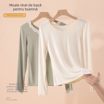 Top termic pentru femei, bază, cu dantelă la margine, viscoză ultra-subțire cu căptușeală de modal, guler rotund, pulover, croială slim