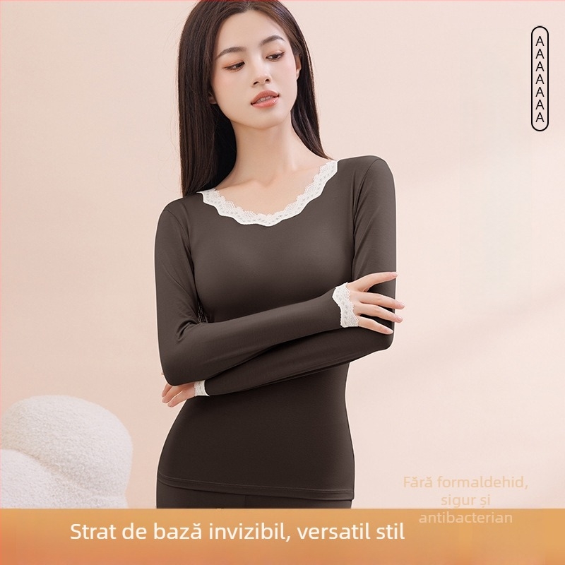 Top termic pentru femei, bază, cu dantelă la margine, viscoză ultra-subțire cu căptușeală de modal, guler rotund, pulover, croială slim