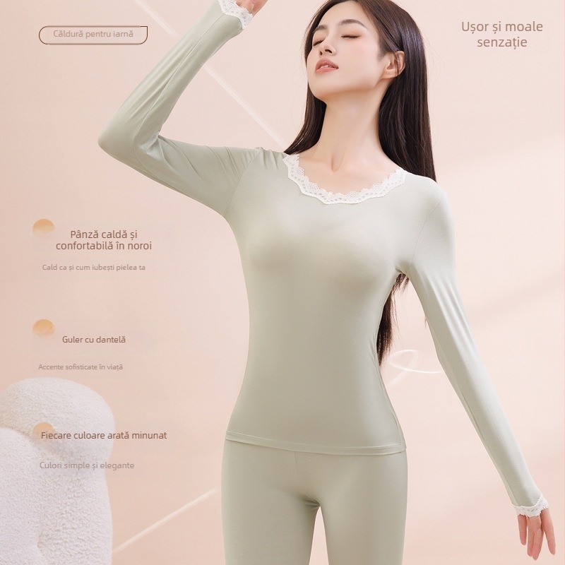 Top termic pentru femei, bază, cu dantelă la margine, viscoză ultra-subțire cu căptușeală de modal, guler rotund, pulover, croială slim